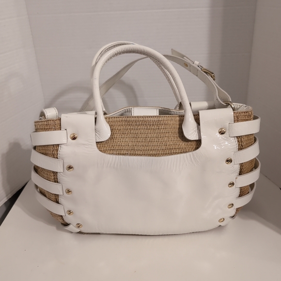 Michael Kors White Patent Leather &‎ Beige Raffia Buckled Hobo Bag - Picture 6 of 16